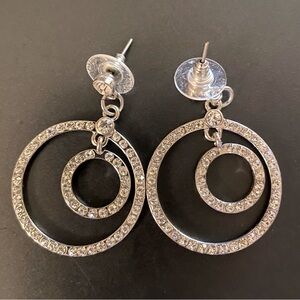 Silver Double Circle Post Earrings with Clear Stones
